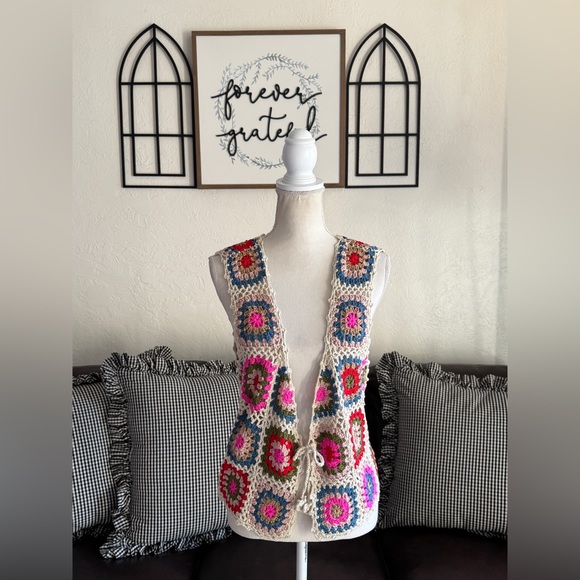 NATURAL LIFE Crochet Granny Square Colorful Boho Hippie Tie-Front Vest Size L/XL - Picture 14 of 14